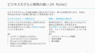 ビジネスモデルという⾔葉は曖昧に使われがちであり、様々な定義があります。今回は
Michael Porter の定義に極⼒従って⾔葉を使います。
4
ビジネスモデルと戦略の違い (M. Porter)
ビジネスモデル ＝ 存続の仕⽅
どうやってビジネスが成⽴し存続するのか、
その基本を説明するものです。
主にお⾦周りのことに関して何をするのか
について考えます。
例）
• どうやって利益を上げるのか
• コストはどれぐらいになるのか
• 売上はどこから得るのか
• 収益の上がる事業にするためにはどうす
ればいいのか
戦略 ＝ 競争優位の築き⽅
相対的な⾒⽅で、競合に⽐べてどのように
優位な⽴場を築くかを考えます。
主に何をしないのか（どこに資源を投資す
るか、トレードオフを取るか）について考
えます。
例）
• コストリーダーシップ戦略
• 差別化戦略
• 集中戦略
 