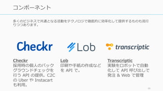 多くのビジネスで共通となる活動をテクノロジで徹底的に効率化して提供するものも流⾏
りつつあります。
68
コンポーネント
Checkr
採⽤時の個⼈のバック
グラウンドチェックを
⾏う API の提供。C2C
の Uber や Instacart
も利⽤。
Lob
印刷や⼿紙の作成など
を API で。
Transcriptic
実験をロボットで⾃動
化して API 呼び出しで
発注 & Web で管理
 