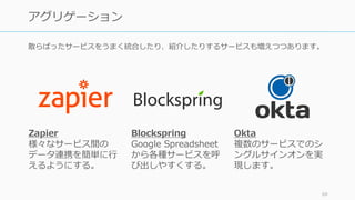 散らばったサービスをうまく統合したり、紹介したりするサービスも増えつつあります。
69
アグリゲーション
Zapier
様々なサービス間の
データ連携を簡単に⾏
えるようにする。
Blockspring
Google Spreadsheet
から各種サービスを呼
び出しやすくする。
Okta
複数のサービスでのシ
ングルサインオンを実
現します。
 