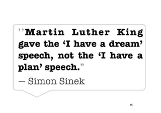 ’’Mar tin Luther King
gave the ‘I have a dream’
speech, not the ‘I have a
plan’ speech.” 
— Simon Sinek

                      15
 