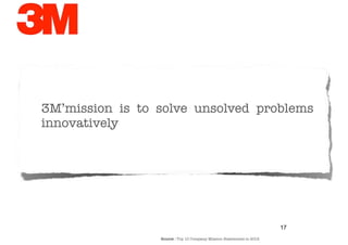 3M’mission is to solve unsolved problems
innovatively




                                                                      17
                 Source : Top 10 Company Mission Statements in 2012
 