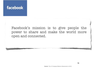 Facebook’s mission is to give people the
power to share and make the world more
open and connected.




                                                                      18
                 Source : Top 10 Company Mission Statements in 2012
 