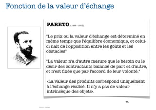 Fonction de la valeur d’échange

                    PARETO    (1848 - 1923)




                   "Le prix ou la valeur d'échange est déterminé en
                   même temps que l'équilibre économique, et celui-
                   ci naît de l'opposition entre les goûts et les
                   obstacles"

                   "La valeur n'a d'autre mesure que le besoin ou le
                   désir des contractants balancé de part et d'autre,
                   et n'est ﬁxée que par l'accord de leur volonté."

                    «La valeur des produits correspond uniquement
                    à l’échange réalisé. Il n’y a pas de valeur
                    intrinsèque des objets».

                                                          75
         Source : merkapt
 
