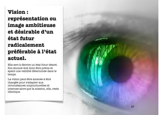 Vision :
représentation ou
image ambitieuse
et désirable d’un
état futur
radicalement
préférable à l’état
actuel.
Elle sert à décrire un état futur désiré.
Son énoncé doit donc être précis et
ayant une validité déterminée dans le
temps.
La vision peut-être amenée à être
changée pour s'adapter aux
circonstances conjoncturelles et
internes alors que la mission, elle, reste
identique.




                                             87
 