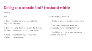 Setting up a separate fund / investment vehicle
Pro
+ Core Studio maintains autonomy
and flexibility
+ Easier long-term outlook to bring
in new investors, start new fund
+ Compartmentalising risks and
higher transparency
Challenge / Contra
! Needs a more complex structure
! You need someone with GP
skillset, fund management xp
! Conflict of interest between
Studio and Fund
 