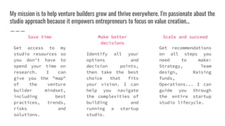 My mission is to help venture builders grow and thrive everywhere. I'm passionate about the
studio approach because it empowers entrepreneurs to focus on value creation...
Save time
Get access to my
studio resources so
you don't have to
spend your time on
research. I can
give you the "map"
of the venture
builder mindset,
including best
practices, trends,
risks and
solutions.
Make better
decisions
Identify all your
options and
decision points,
then take the best
choice that fits
your vision. I can
help you navigate
the complexities of
building and
running a startup
studio.
Scale and succeed
Get recommendations
on all steps you
need to make:
Strategy, Team
design, Raising
funds,
Operations... I can
guide you through
the entire startup
studio lifecycle.
 