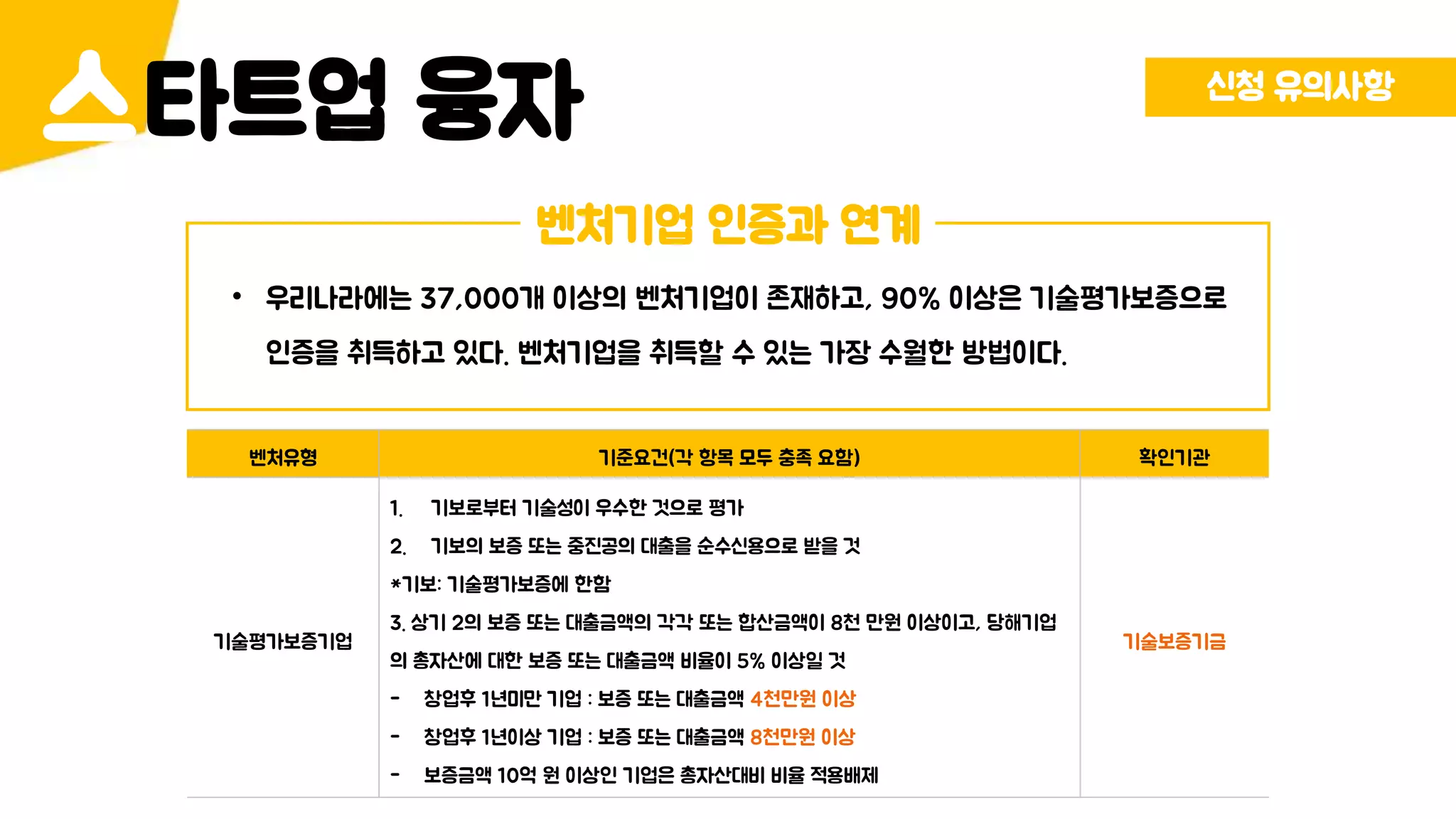 타트업 융자스 신청 유의사항
벤처기업 인증과 연계
• 우리나라에는 37,000개 이상의 벤처기업이 존재하고, 90% 이상은 기술평가보증으로
인증을 취득하고 있다. 벤처기업을 취득할 수 있는 가장 수월한 방법이다.
벤처유형 기준요건(각 항목 모두 충족 요함) 확인기관
기술평가보증기업
1. 기보로부터 기술성이 우수한 것으로 평가
2. 기보의 보증 또는 중진공의 대출을 순수신용으로 받을 것
*기보: 기술평가보증에 한함
3. 상기 2의 보증 또는 대출금액의 각각 또는 합산금액이 8천 만원 이상이고, 당해기업
의 총자산에 대한 보증 또는 대출금액 비율이 5% 이상일 것
- 창업후 1년미만 기업 : 보증 또는 대출금액 4천만원 이상
- 창업후 1년이상 기업 : 보증 또는 대출금액 8천만원 이상
- 보증금액 10억 원 이상인 기업은 총자산대비 비율 적용배제
기술보증기금
 