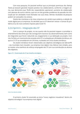 31
Startup Teams Playbook
Sebrae Pernambuco
Com essa pesquisa, foi possível verificar que as principais premissas dos Startup
Teams já estavam gerando impacto positivo nos colaboradores, conforme a imagem aci-
ma, que demonstra que 78,4% dos respondentes apontaram aumento da colaboração
com pessoas de outros setores, que era um dos grandes problemas do passado da insti-
tuição por ter atividades muito fechadas nas suas áreas. Demais resultados da pesquisa
podem ser acessados nos anexos.
Diante das incertezas e da nova conjuntura do cenário que acelerou a adoção do
modo digital para as empresas, foi decidido que os ST deveriam revisar o Canvas do pro-
blema à luz do novo contexto imposto pela Covid-19.
3.2.6 Sprint 6 – Integração dos ST
Com o avançar do projeto, no seu quarto mês foi possível mapear e consolidar o
entendimento dos times que não conseguiram tracionar seu desenvolvimento, bem como
de integrantes que foram reduzindo seu engajamento e sua dedicação ao projeto. Com
isto, foi feito um movimento de conexão entre ST e nucleação por afinidades temáticas, em
que os 31 ST se consolidaram em 24 times, nucleados em cinco clusters temáticos.
Os clusters temáticos foram relacionados aos objetivos estratégicos do Sebrae/PE
– seu município mais inovador, sua empresa mais digital, meu Sebrae mais simples, para
se manter uma coerência do esforço empregado dos ST com sua contribuição ao alcance
dos objetivos.
Figura 10 – Clusterização dos ST por desafios estratégicos
Fonte: Porto Marinho (2020d)
O primeiro cluster foi associado ao tema “novos negócios inovadores” dentro do
objetivo estratégico “sua empresa mais digital”.
 