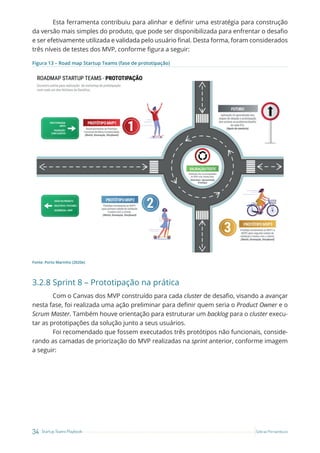 34 Startup Teams Playbook Sebrae Pernambuco
Esta ferramenta contribuiu para alinhar e definir uma estratégia para construção
da versão mais simples do produto, que pode ser disponibilizada para enfrentar o desafio
e ser efetivamente utilizada e validada pelo usuário final. Desta forma, foram considerados
três níveis de testes dos MVP, conforme figura a seguir:
Figura 13 – Road map Startup Teams (fase de prototipação)
Fonte: Porto Marinho (2020e)
3.2.8 Sprint 8 – Prototipação na prática
Com o Canvas dos MVP construído para cada cluster de desafio, visando a avançar
nesta fase, foi realizada uma ação preliminar para definir quem seria o Product Owner e o
Scrum Master. Também houve orientação para estruturar um backlog para o cluster execu-
tar as prototipações da solução junto a seus usuários.
Foi recomendado que fossem executados três protótipos não funcionais, conside-
rando as camadas de priorização do MVP realizadas na sprint anterior, conforme imagem
a seguir:
 
