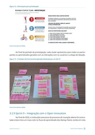 35
Startup Teams Playbook
Sebrae Pernambuco
Figura 14 – Orientações para prototipação
Fonte: Porto Marinho (2020e)
Ao final do período de prototipação, cada cluster apresentou para todos os partici-
pantes os aprendizados gerados com as interações com os usuários e a etapa de ideação.
Figura 15 – Protótipo não funcional de aplicação idealizada por um dos ST
Fonte: Porto Marinho (2020e)
3.2.9 Sprint 9 – Integração com o Open Innovation
No final de 2020, a instituição executora do processo de inovação aberta foi contra-
tada e teve início um novo ciclo no fluxo de aprendizado dos Startup Teams, tendo em vista
 