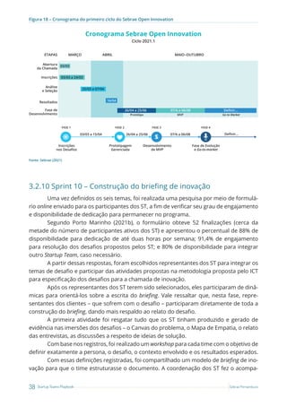 38 Startup Teams Playbook Sebrae Pernambuco
Figura 18 – Cronograma do primeiro ciclo do Sebrae Open Innovation
Cronograma Sebrae Open Innovation
Inscrições
nos Desaﬁos
Abertura
da Chamada
Análise
e Seleção
Inscrições
Resultados
Fase de
Desenvolvimento
Prototipagem
Gerenciada
03/03
03/03 a 24/03
25/03 a 07/04
16/04
26/04 a 25/06
26/04 a 25/06
03/03 a 15/04
07/6 a 06/08
07/6 a 06/08
Deﬁnir...
Deﬁnir...
Desenvolvimento
de MVP
MVP
FASE 1 FASE 2 FASE 3 FASE 4
Protótipo
Fase de Evolução
e Go-to-market
Go to Market
ETAPAS MARÇO ABRIL MAIO–OUTUBRO
Ciclo 2021.1
$
Fonte: Sebrae (2021)
3.2.10 Sprint 10 – Construção do briefing de inovação
Uma vez definidos os seis temas, foi realizada uma pesquisa por meio de formulá-
rio online enviado para os participantes dos ST, a fim de verificar seu grau de engajamento
e disponibilidade de dedicação para permanecer no programa.
Segundo Porto Marinho (2021b), o formulário obteve 52 finalizações (cerca da
metade do número de participantes ativos dos ST) e apresentou o percentual de 88% de
disponibilidade para dedicação de até duas horas por semana; 91,4% de engajamento
para resolução dos desafios propostos pelos ST; e 80% de disponibilidade para integrar
outro Startup Team, caso necessário.
A partir dessas respostas, foram escolhidos representantes dos ST para integrar os
temas de desafio e participar das atividades propostas na metodologia proposta pelo ICT
para especificação dos desafios para a chamada de inovação.
Após os representantes dos ST terem sido selecionados, eles participaram de dinâ-
micas para orientá-los sobre a escrita do briefing. Vale ressaltar que, nesta fase, repre-
sentantes dos clientes – que sofrem com o desafio – participaram diretamente de toda a
construção do briefing, dando mais respaldo ao relato do desafio.
A primeira atividade foi resgatar tudo que os ST tinham produzido e gerado de
evidência nas imersões dos desafios – o Canvas do problema, o Mapa de Empatia, o relato
das entrevistas, as discussões a respeito de ideias de solução.
Com base nos registros, foi realizado um workshop para cada time com o objetivo de
definir exatamente a persona, o desafio, o contexto envolvido e os resultados esperados.
Com essas definições registradas, foi compartilhado um modelo de briefing de ino-
vação para que o time estruturasse o documento. A coordenação dos ST fez o acompa-
 