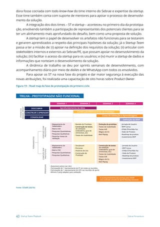 40 Startup Teams Playbook Sebrae Pernambuco
dora fosse cocriada com todo know-how do time interno do Sebrae e expertise da startup.
Esse time também conta com suporte de mentores para apoiar o processo de desenvolvi-
mento da solução.
A integração dos dois times – ST e startup – aconteceu no primeiro dia da prototipa-
ção, envolvendo também a participação de representantes dos potenciais clientes para se
ter um alinhamento mais aprofundado do desafio, bem como uma proposta de solução.
A startup tem o papel de desenvolver os artefatos não funcionais para se testarem
e gerarem aprendizados a respeito das principais hipóteses da solução; já o Startup Team
passa a ter a missão de: (i) apoiar na definição dos requisitos da solução; (ii) articular com
stakeholders internos e externos ao Sebrae/PE, que possam apoiar no desenvolvimento da
solução; (iii) facilitar o acesso da startup para os usuários; e (iv) munir a startup de dados e
informações que norteiam o desenvolvimento da solução.
A dinâmica de trabalho se deu por sprints semanais de desenvolvimento, com
acompanhamento diário por meio de dailies e de WhatsApp com todos os envolvidos.
Para apoiar os ST na nova fase do projeto e dar maior segurança à execução das
novas atribuições, foi realizada uma capacitação de oito horas sobre Product Owner
Figura 19 – Road map da fase de prototipação do primeiro ciclo
TRILHA - PROTOTIPAGEM NÃO FUNCIONAL
SEMANA 1
Aprofundamento da Ideia
DESCOBRIR
CONSTRUIR E APRENDER
CONSOLIDAR
Construção/Reﬁnamento do Protótipo
Ciclos de Validação e Aprendizagens
Deﬁnição do MVP
SEMANA 2 SEMANA 3 SEMANA 4
- Mapeamento de
Stakeholders
- Matriz CSD
- Pesquisas Quantitativas
- Pesquisas Qualitativas
- Desenhar testes de
validação
- Revisão do Protótipo
- Construção de testes
de validação
(videodemo, guia de
entrevistas, etc)
- Testes de Usabilidade
- Evolução do protótipo
- Testes de Usabilidade
- Testes A/B
- Mágico de Oz
- Role Playing
- Jornada de Usuário
- MVP Canva
- E/Não É/Faz/Não Faz
- Visão de Produto
- Roadmap de produto
- Investimento MVP
- Mapeamento de
Stakeholders
- Matriz CSD
- Pesquisas Quantitativas
- Pesquisas Qualitativas
- Storyboard
- Personas
- Histórias de Uso
- Construção de
Protótipo
- Construção de testes
de validação
(videodemo, guia de
entrevistas, etc)
- Testes de Usabilidade
- Testes A/B
- Mágico de Oz
- Role Playing
- Jornada de Usuário
- MVP Canva
- E/Não É/Faz/Não Faz
- Visão de Produto
- Roadmap de produto
- Investimento MVP
- Assessment prévio (ver doc)
- Participação de 1 representante da ST em todas as reuniões;
- Participação de 1 representante do LED nas reuniões de sprint;
- Mínimo 5 early adopters para validação.
ETAPAS
DA
DESIGN
SPRINT
O acompanhamento das startups pelo CESAR
será realizado através de Sprint Planning semanais
FERRAMENTAS
STARTUPS
COM
PROTÓTIPO
STARTUPS
SEM
PROTÓTIPO
PREMISSAS
Fonte: CESAR (2021b)
 