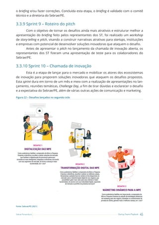 45
Startup Teams Playbook
Sebrae Pernambuco
o briefing e/ou fazer correções. Concluída esta etapa, o briefing é validado com o comitê
técnico e a diretoria do Sebrae/PE.
3.3.9 Sprint 9 – Roteiro do pitch
Com o objetivo de tornar os desafios ainda mais atrativos e estruturar melhor a
apresentação do briefing feito pelos representantes dos ST, foi realizado um workshop
de story-telling e pitch, visando a construir narrativas atrativas para startups, instituições
e empresas com potencial de desenvolver soluções inovadoras que ataquem o desafio.
Antes de apresentar o pitch no lançamento da chamada de inovação aberta, os
representantes dos ST fizeram uma apresentação de teste para os colaboradores do
Sebrae/PE.
3.3.10 Sprint 10 – Chamada de inovação
Esta é a etapa de lançar para o mercado e mobilizar os atores dos ecossistemas
de inovação para proporem soluções inovadoras que ataquem os desafios propostos.
Esta sprint dura em torno de um mês e meio com a realização de apresentações no lan-
çamento, reuniões temáticas, Challenge Day, a fim de tirar dúvidas e esclarecer o desafio
e a expectativa do Sebrae/PE, além de várias outras ações de comunicação e marketing.
Figura 22 – Desafios lançados no segundo ciclo
Fonte: Sebrae/PE (2021)
 