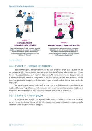 46 Startup Teams Playbook Sebrae Pernambuco
Figura 23 – Desafios do segundo ciclo
Fonte: Sebrae/PE (2021)
3.3.11 Sprint 11 – Seleção das soluções
Esta sprint seguiu o mesmo formato do ciclo anterior, onde os ST avaliaram as
propostas de soluções recebidas para os respectivos desafios lançados. Entretanto, como
foram novas pessoas que participaram do projeto, foi mais um momento de aprendizado
e desenvolvimento de novas competências de mais colaboradores do Sebrae/PE, tendo
em vista que avaliar um projeto de inovação requer uma elevada análise crítica e visão de
mercado.
As pessoas que tiveram maior dificuldade com a tarefa tiveram suporte da coorde-
nação. Além dos ST, profissionais do mercado com expertise em tecnologia e negócios e
membros do comitê técnico do Sebrae/PE também avaliaram as propostas.
3.3.12 Sprint 12 – Prototipação
A etapa de prototipação do segundo ciclo, assim como do primeiro, teve duração
de um mês, entretanto o framework foi reformulado com os aprendizados gerados no ciclo
anterior, como pode se verificar a seguir:
 