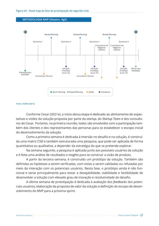 47
Startup Teams Playbook
Sebrae Pernambuco
Figura 24 – Road map da fase de prototipação do segundo ciclo
Review/Planning
Sprint Planning
Review/Planning
Review/Planning Dailies Checkpoint
Review/Planning
lteração
Protótipo
(Com ST)
lteração
Protótipo
(Com ST)
Demo para
Validação
Planejamento
Dev/MVP
lteração
Protótipo
(Com ST)
Consultoria Técnica Consultoria Técnica
Consultoria de
Negócios
(Softex)
Consultoria de
Negócios
(Softex)
Quinzena 1 Quinzena 2 Quinzena 3 Quinzena 4
METODOLOGIA MVP (Desenv. Ágil)
Fonte: CESAR (2021e)
Conforme Cesar (2021e), o início dessa etapa é dedicado ao alinhamento de expec-
tativas e visões da solução proposta por parte da startup, do Startup Team e dos consulto-
res do Cesar. Portanto, na primeira reunião, todos são envolvidos com a participação tam-
bém dos clientes e dos representantes das personas para se estabelecer o escopo inicial
do desenvolvimento da solução.
Como a primeira semana é dedicada à imersão no desafio e na solução, é construí-
da uma matriz CSD e também estruturada uma pesquisa, que pode ser aplicada de forma
quantitativa ou qualitativa, a depender da estratégia do que se pretende explorar.
Na semana seguinte, a pesquisa é aplicada junto aos possíveis usuários da solução
e é feita uma análise de resultados e insights para se construir a visão de produto.
A partir da terceira semana, é construído um protótipo da solução. Também são
definidas as hipóteses a serem verificadas, com vistas a serem validadas ou refutadas por
meio da interação com os potenciais usuários. Nesta fase, o protótipo ainda é não fun-
cional e serve principalmente para testar a desejabilidade, viabilidade e factibilidade de
desenvolver a solução com elevado grau de inovação e resolutividade do desafio.
A última semana de prototipação é dedicada à avaliação dos feedbacks dos poten-
ciais usuários, elaboração da proposta de valor da solução e definição do escopo de desen-
volvimento do MVP para a próxima sprint.
 
