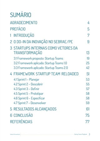 3
Startup Teams Playbook
Sebrae Pernambuco
SUMÁRIO
AGRADECIMENTO 4
PREFÁCIO 5
1 INTRODUÇÃO 7
2 O DO-IN DA INOVAÇÃO NO SEBRAE/PE 9
3 STARTUPS INTERNAS COMO VETORES DA
TRANSFORMAÇÃO 13
3.1 Framework proposto: Startup Teams 19
3.2 Framework aplicado: Startup Teams 1.0 25
3.3 Framework aplicado: Startup Teams 2.0 42
4 FRAMEWORK STARTUP TEAM RELOADED 51
4.1 Sprint 1 – Planejar 53
4.2 Sprint 2 – Descobrir 55
4.3 Sprint 3 – Definir 57
4.5 Sprint 5 – Prototipar 58
4.6 Sprint 6 – Especificar 58
4.7 Sprint 7 – Desenvolver 59
5 RESULTADOS ALCANÇADOS 61
6 CONCLUSÃO 75
REFERÊNCIAS 77
 