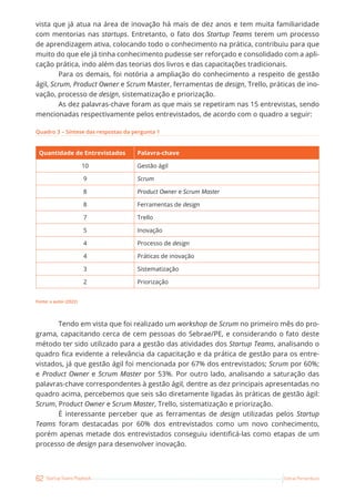 62 Startup Teams Playbook Sebrae Pernambuco
vista que já atua na área de inovação há mais de dez anos e tem muita familiaridade
com mentorias nas startups. Entretanto, o fato dos Startup Teams terem um processo
de aprendizagem ativa, colocando todo o conhecimento na prática, contribuiu para que
muito do que ele já tinha conhecimento pudesse ser reforçado e consolidado com a apli-
cação prática, indo além das teorias dos livros e das capacitações tradicionais.
Para os demais, foi notória a ampliação do conhecimento a respeito de gestão
ágil, Scrum, Product Owner e Scrum Master, ferramentas de design, Trello, práticas de ino-
vação, processo de design, sistematização e priorização.
As dez palavras-chave foram as que mais se repetiram nas 15 entrevistas, sendo
mencionadas respectivamente pelos entrevistados, de acordo com o quadro a seguir:
Quadro 3 – Síntese das respostas da pergunta 1
Quantidade de Entrevistados Palavra-chave
10 Gestão ágil
9 Scrum
8 Product Owner e Scrum Master
8 Ferramentas de design
7 Trello
5 Inovação
4 Processo de design
4 Práticas de inovação
3 Sistematização
2 Priorização
Fonte: o autor (2022)
Tendo em vista que foi realizado um workshop de Scrum no primeiro mês do pro-
grama, capacitando cerca de cem pessoas do Sebrae/PE, e considerando o fato deste
método ter sido utilizado para a gestão das atividades dos Startup Teams, analisando o
quadro fica evidente a relevância da capacitação e da prática de gestão para os entre-
vistados, já que gestão ágil foi mencionada por 67% dos entrevistados; Scrum por 60%;
e Product Owner e Scrum Master por 53%. Por outro lado, analisando a saturação das
palavras-chave correspondentes à gestão ágil, dentre as dez principais apresentadas no
quadro acima, percebemos que seis são diretamente ligadas às práticas de gestão ágil:
Scrum, Product Owner e Scrum Master, Trello, sistematização e priorização.
É interessante perceber que as ferramentas de design utilizadas pelos Startup
Teams foram destacadas por 60% dos entrevistados como um novo conhecimento,
porém apenas metade dos entrevistados conseguiu identificá-las como etapas de um
processo de design para desenvolver inovação.
 