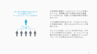 107
トヨタのカイゼン活動の始祖とも呼ばれる大野耐一が作っていた
ものも、自律的な組織の一つであったと言える
●企業体に自律神経を
企業全体は、しばしば人間のからだと比較して
論じられる。
……
私はトヨタ自工の場、「ジャスト・イン・タイ
ム」の思想を生産現場に深く広く浸透させるこ
とと、「かんばん」の使い方のルールを徹底さ
せることで自律神経が ってきたと考える。
 
