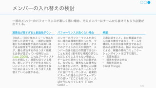 良いチームを作るときに意識すべき、ゴール、サイズと組織形態、アサインについて解説する。
120
良いチームの構成方法
ゴール
(目的)
サイズと
組織形態
アサイン
と
入れ替え
 