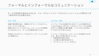 最後にリーダーのパターンとアンチパターンについて示す。
Team Geek 152
リーダーのパターンとアンチパターン (Team Geek)
アンチパターン
• 自分の言いなりになる人を採用
する
• パフォーマンスの低い人を無視
する
• 人間の問題を無視する
• みんなの友達になる
• 採用を妥協する
• チームを子どもとして扱う
パターン
• エゴをなくす
• 禅マスターになる
• 触媒になる
• 先生やメンターになる
• 目標を明確にする
• 正直になる
• 幸せを追い求める
その他の Tips
• 移譲せよ。ただし手は汚せ。
• 自分自身を置き換えようとする。
• 事を荒立てるときを知る。
• カオスからチームを守る。
• チームを空中援護する。
• チームのいいところをフィード
バックする。
 