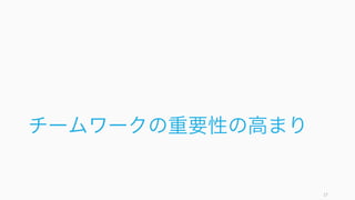 27
本スライドの構成
ここまで
(約 20 ページ)
チームワー
クの重要性
の高まり (約
5 ページ)
なぜスタートアップに
チームワークが重要かを
知りたい人はここまでで
OK
 