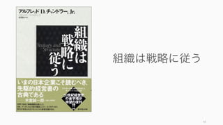ビジネス環境や従業員からの要請で、フラット型、ギルド型、ホラクラシー、など様々な新しい組織
の形が出てきている。いずれの形もマネージャーやリーダーの役割を分散化しているのが特徴。
http://blog.crisp.se/2012/11/14/henrikkniberg/scaling-agile-at-spotify
https://blog.holacracy.org/holacracy-vs-hierarchy-vs-flat-orgs-d1545d5dffa7
43
フラット型組織をはじめとした新しいチームの形
フラット
マネージャーの span of control
を増やし、階層を減らして情報の
伝達を早めることを目的として導
入されることが多い。なお、階層
化組織もここ数年で全体的にフ
ラットな傾向になりつつある (CEO
直下の部下は 20 年で約 2 人増え
ている)。
e.g.)
GitHub, Valve, 37Signals などが
フラット型の組織を運用している。
マトリクスの変型
Spotify では開発チームの基本単位
は Squads (分隊) で長期的なミッ
ションを持つ。分隊にリーダーは
いないがプロダクトオーナーが一
人いる。支部は同じスキルを持っ
た人が集まり、支部長が存在する。
ギルドは好奇心を持ったコミュニ
ティで、組織横断的に存在する。
ホラクラシーやゴアの Lattice
マネージャーや肩書きを撤廃し、
タスクに対してサークル（チー
ム）による自律的な運営を行う。
e.g.)Medium, Zappos などが採用
 