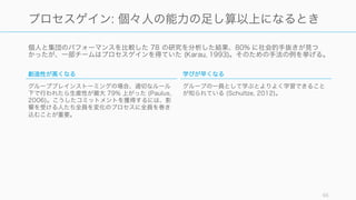 良いチームかどうかは「タスクの達成度」と「ウェルビイーング（幸福度）」の 2 軸で示すことが
できる。
West Effective Teamwork などをベースに考案 65
良いチームの判断基準: タスクの達成度と Well-being
ウェルビーイング (幸福度)
チームはタスクをうまく処理するだけではなく、メン
バー個々人が幸福である必要がある。これは幸福度が
チームの生産性を上げるほか、チームが長期的に存続
し継続的に成果を上げるために必要と言える。
タスクの達成度
チームには基本的に課されたタスクが存在し、それを
達成するためにチームが組まれる。
そのため、チームのパフォーマンスは関連するタスク
の達成度で測られるべきであると言える。
ウェルビーイング
タスクへの達成度
 