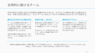 全てにおいて良いチームというものが存在するわけではなく、タスクやプロジェクトの種類によって、
良いチームの形態は変わってくることが多い。
98
良いチーム はタスクの種類で異なる
タスクのサイズや期間
大：数年かかるプロジェクト
橋の建設など (ただし 1 年以上に
なると失敗率が上がるので注意)
中：数ヶ月かかるプロジェクト
ソフトウェア開発やイベント、戦
略資料
小：数日
小さな機能の実装や小さな資料作
り
極小：数時間から数分
メールの返信（ほぼ個人でできる
もの）
タスクに必要な創造性と確実性
確実性
確実かつ迅速なオペレーションが
求められる。要件が変わることは
ほとんどない。Checklist などを活
用した、間違いのない実行が求め
られる。この場合、金銭的報酬が
効果的になる (Ariely, 2008)。
創造性
答えの見つかっていない問題や、
問題自体がわかっていない状況に
対してアプローチする場合。途中
での変更可能性も高い。この場合
は金銭的報酬はむしろ逆効果で、
内発的動機が求められる (同上)。
目的
今すぐの利益（成功率：高）
すでに仕組みがほとんど出来上
がっているビジネスモデルに対し
て、早い段階で利益を最大化する
ような目的で組まれるチーム。
将来の利益（成功率：低）
まだビジネスモデルが出来上がっ
ておらず、様々な模索を繰り返し
ながら、将来的な利益を作る目的
で組まれるチーム。
 