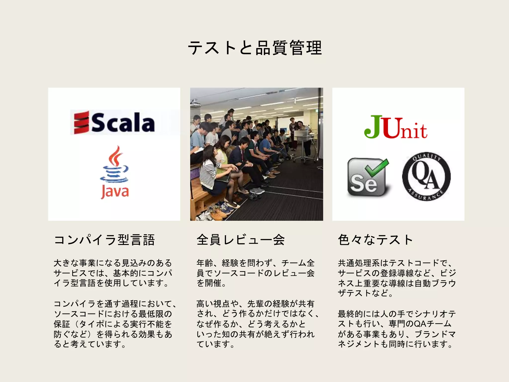 テストと品質管理
全員レビュー会
年齢、経験を問わず、チーム全
員でソースコードのレビュー会
を開催。
高い視点や、先輩の経験が共有
され、どう作るかだけではなく、
なぜ作るか、どう考えるかと
いった知の共有が絶えず行われ
ています。
コンパイラ型言語
大きな事業になる見込みのある
サービスでは、基本的にコンパ
イラ型言語を使用しています。
コンパイラを通す過程において、
ソースコードにおける最低限の
保証（タイポによる実行不能を
防ぐなど）を得られる効果もあ
ると考えています。
色々なテスト
共通処理系はテストコードで、
サービスの登録導線など、ビジ
ネス上重要な導線は自動ブラウ
ザテストなど。
最終的には人の手でシナリオテ
ストも行い、専門のQAチーム
がある事業もあり、ブランドマ
ネジメントも同時に行います。
 