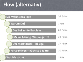 Flow (alternativ)

 Die Wahnsinns-Idee                  1-2 Folien


    Warum Du?                        1 Folie


     Das bekannte Problem            2-4 Folien


      Meine Lösung. Warum jetzt?     3-5 Folien


     Der Marktdruck – Belege         2-4 Folien


    Perspektiven – nächste 2 Jahre   1-2 Folien


 Was ich suche                       1 Folie
 