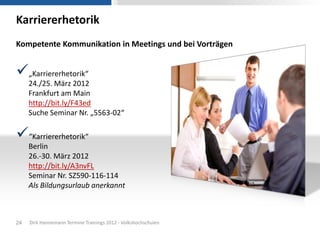 Karriererhetorik
Kompetente Kommunikation in Meetings und bei Vorträgen


„Karriererhetorik“
     24./25. März 2012
     Frankfurt am Main
     http://bit.ly/F43ed
     Suche Seminar Nr. „5563-02“

“Karriererhetorik“
     Berlin
     26.-30. März 2012
     http://bit.ly/A3nvFL
     Seminar Nr. SZ590-116-114
     Als Bildungsurlaub anerkannt



24   Dirk Hannemann Termine Trainings 2012 - Volkshochschulen
 