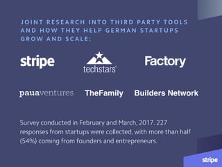 J O I N T R E S E A R C H I N T O T H I R D PA R T Y T O O L S
A N D H O W T H E Y H E L P G E R M A N S TA R T U P S
G R O W A N D S C A L E :
TheFamily Builders Network
®
Survey conducted in February and March, 2017. 227
responses from startups were collected, with more than half
(54%) coming from founders and entrepreneurs.
 