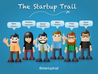 The Startup Trail

            Heather               Matt                Ryan
Mark                    David     Product   Peep      Design
            Marketing
Finance                 Web Dev             iOS Dev




                        @startuptrail
 