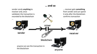 … and so
sender sends anything to
receiver and, once
validated, the transaction is
recorded to the blockchain
…
… receiver gets something
from sender and can spend
it only after the blockchain
confirms transaction
anyone can see the transaction in
the blockchain
 