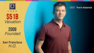 Photograph by Brent Lewin — Bloomberg via Getty Images
$51B
Valuation
CEO - Travis Kalanick
2009
Founded
San	
  Francisco	
  
H.O.
 