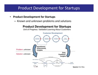 Product Development for Startups
• Product Development for Startups
   – Known and unknown problems and solutions
           Product Development for Startups
            Unit of Progress: Validated Learning About Customers
                                 Customer Development




                          Hypotheses,
                          Experiments,
    Problem: unknown      Insights
                                                       Data,
    Solution: unknown                             Feedback,
                                                    Insights




                                                                   Source: Eric Ries
 