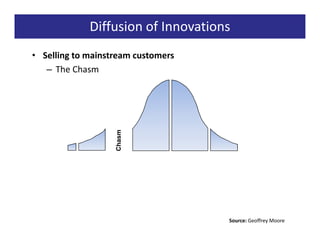 Diffusion of Innovations
• Selling to mainstream customers
   – The Chasm



                   Chasm




                                    Source: Geoffrey Moore
 