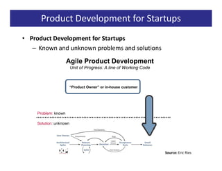 Product Development for Startups
• Product Development for Startups
   – Known and unknown problems and solutions
                     Agile Product Development
                        Unit of Progress: A line of Working Code



                        “Product Owner” or in-house customer




    Problem: known

    Solution: unknown




                                                                   Source: Eric Ries
 
