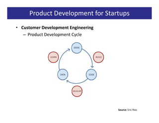 Product Development for Startups
• Customer Development Engineering
   – Product Development Cycle

                              IDEAS


               LEARN                           BUILD




                       DATA             CODE




                              MEASURE




                                                       Source: Eric Ries
 