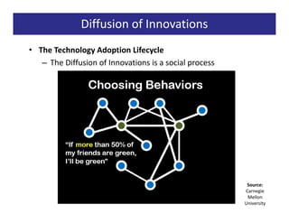 Diffusion of Innovations
• The Technology Adoption Lifecycle
   – The Diffusion of Innovations is a social process




                                                         Source:
                                                        Carnegie
                                                         Mellon
                                                        University
 