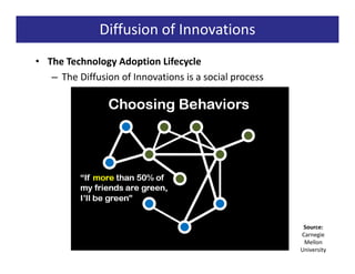 Diffusion of Innovations
• The Technology Adoption Lifecycle
   – The Diffusion of Innovations is a social process




                                                         Source:
                                                        Carnegie
                                                         Mellon
                                                        University
 
