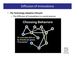 Diffusion of Innovations
• The Technology Adoption Lifecycle
   – The Diffusion of Innovations is a social process




                                                         Source:
                                                        Carnegie
                                                         Mellon
                                                        University
 