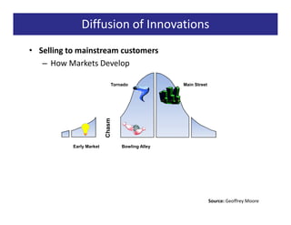 Diffusion of Innovations
• Selling to mainstream customers
   – How Markets Develop

                              Tornado             Main Street




                          Chasm




           Early Market           Bowling Alley




                                                                Source: Geoffrey Moore
 