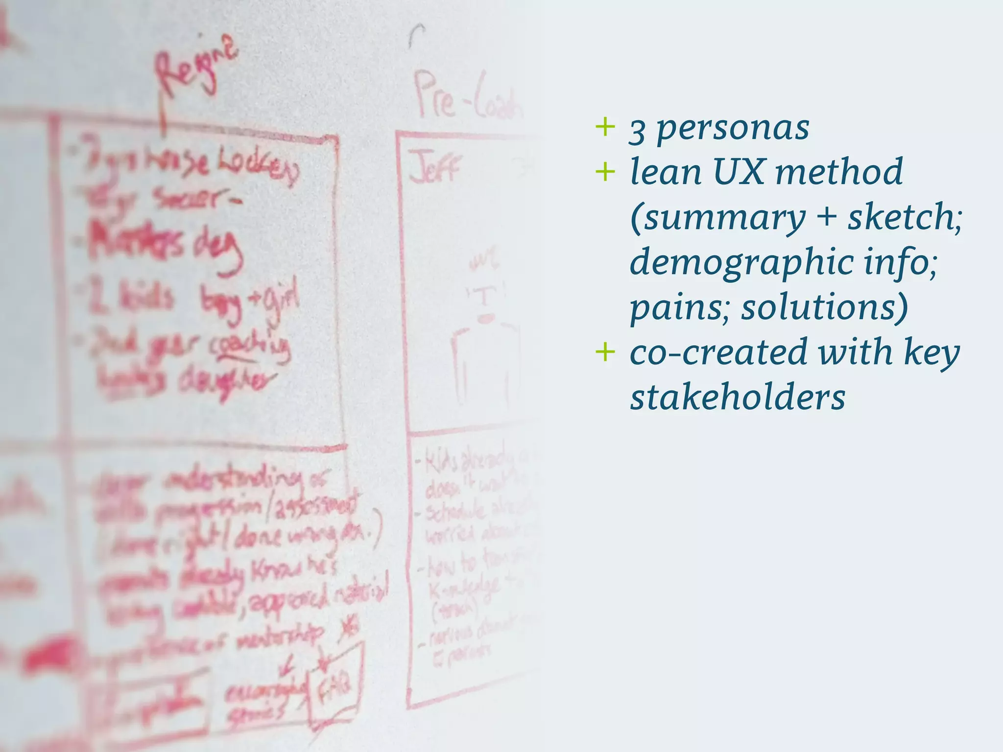 –Johnny Appleseed
“Type a quote here.”
+ 3 personas
+ lean UX method
(summary + sketch;
demographic info;
pains; solutions)
+ co-created with key
stakeholders
 