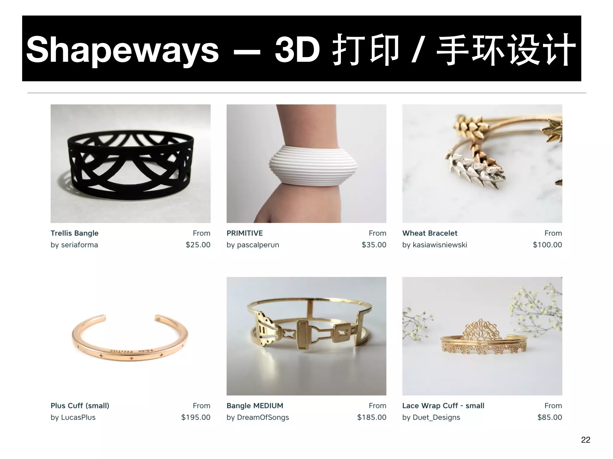 Shapeways — 3D 打印 / ⼿手环设计
22
 