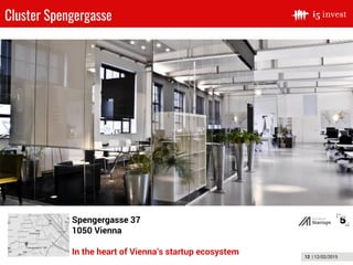 12 | 12/02/2015
Cluster Spengergasse
Spengergasse 37
1050 Vienna
In the heart of Vienna‘s startup ecosystem
 