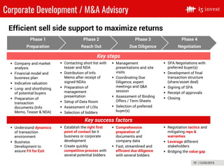 17 | 12/02/2015
Corporate Development / M&A Advisory
 Company and market
analysis
 Financial model and
business plan
 Indicative valuation
 Long- and shortlisting
of potential buyers
 Preparation of
transaction
documents (Info
Memo, Teaser & NDA)
 Contacting short list with
teaser and NDA
 Distribution of Info
Memo after receipt of
signed NDAs
 Preparation of
management
presentation
 Setup of Data Room
 Assessment of LOIs
 Selection of bidders
 SPA Negotiations with
preferred buyer(s)
 Development of final
transaction structure
(share/asset deal)
 Signing of SPA
 Receipt of approvals
 Closing
 Management
presentations and site
visits
 Coordinating Due
Diligence, expert
meetings and Q&A
session
 Assessment of Binding
Offers / Term Sheets
 Selection of preferred
buyer(s)
Phase 1
Preparation
Phase 2
Reach Out
Phase 3
Due Diligence
Phase 4
Negotiation
Key steps
Key success factors
 Understand dynamics
of transaction
environment
 Business
Development to
assure Fit for Exit
 Establish the right first
point of contact be it
business or corporate
development
 Create quickly
competitive process with
several potential bidders
 Negotiation tactics and
mitigating reps &
warranties
 Leverage different
stakeholders
 Bridging the value gap
 Comprehensive
preparation of
documents and
company data
 Fast, streamlined and
efficient due diligence
with several bidders
Efficient sell side support to maximize returns
 
