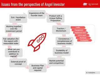 2 | 12/02/2015
Experience of the
founder team Product with a
Unique Selling
Proposition
Traction /
Momentum
Consistence /
completeness of
business model
Scalability of
business model
Market potential
and competition
Business Plan
and capital
required
External proof of
concept
What can you
contribute in
addition to
capital?
Fair valuation (for
the region) with
reasonable stake
Working together
over the
investment period
Exit / liquidation
event
Issues from the perspective of Angel Investor
12/02/2015
Traffic
Engagement
Registered users
Active users
Revenues
Profitability
 