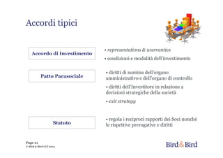 Accordi tipici
Accordo di Investimento
Patto Parasociale
Statuto
• diritti di nomina dell’organo
amministrativo e dell’organo di controllo
• diritti dell’Investitore in relazione a
decisioni strategiche della società
• exit strategy
• representations & warranties
• condizioni e modalità dell’investimento
• regola i reciproci rapporti dei Soci nonché
le rispettive prerogative e diritti
© Bird & Bird LLP 2014
Page 21
 