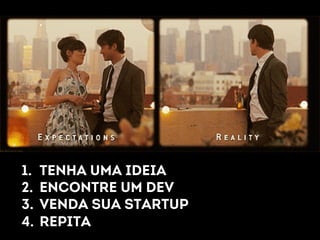 1. Tenha uma ideia 
2. Encontre um dev 
3. Venda sua startup 
4. repita 
 